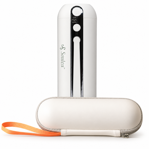 Soulea portable rechargeable electric bidet and carry case on a white background