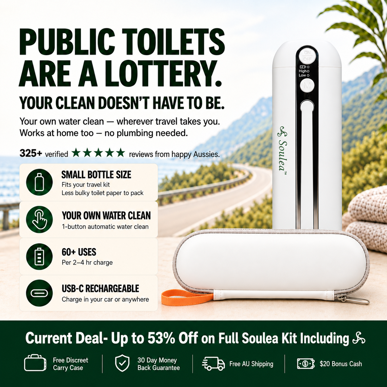 Soulea Travel Kit benefits: small bottle size, your own water clean, 60+ uses per 2 to 4 hr charge, USB-C rechargeable